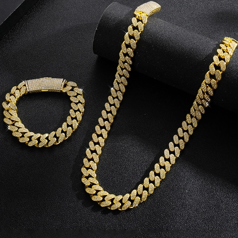 Collana e Bracciale a Catena Cubana Hip Hop Iced Out in Lega di Zinco Con Strass Pavé Catena Geometrica Gioielli Streetwear Unisex