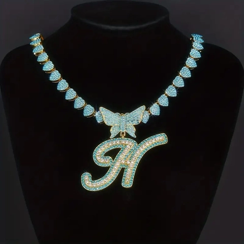 Hip Hop Iced Out Butterfly Initial Pendant Necklace Zinc Alloy Rhinestone A-Z Alphabet Heart Chain Necklace For Men Women