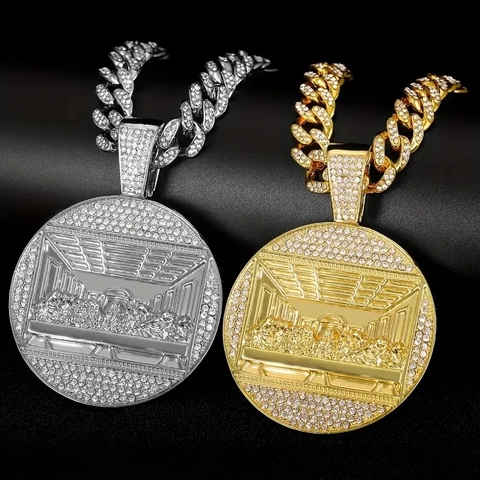 Hip Hop The Last Supper Pendant Necklace For Men Women Iced Out Rhinestone Alloy Relief Circle Cuban Chain Jewelry Gift