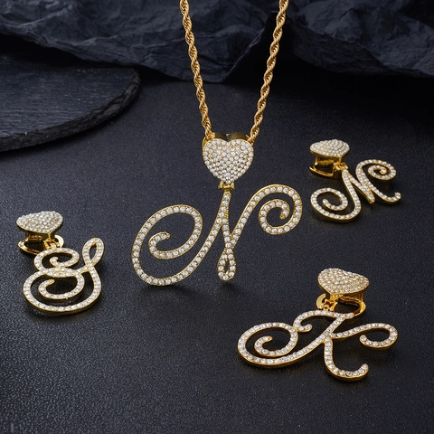 Hip Hop Alloy Rhinestone Heart Alphabet Pendant Necklace For Unisex Iced Out Cuban Link Chain Initial Letter Neck Jewelry