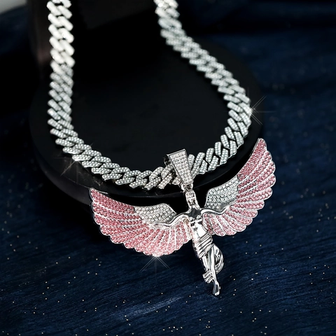 Hip Hop Engel Hanger Halsketting Zinklegering Strass Cubaanse Schakelketting Iced Out Halsketting Voor Heren Dames Sieraden