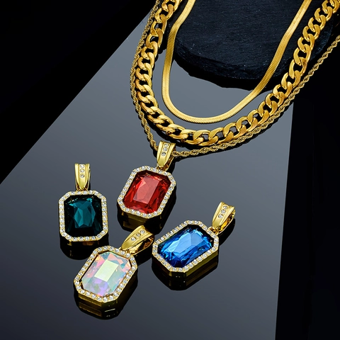 Hip Hop Zinc Alloy Rhinestone Inlaid Rectangular Gemstone Pendant Necklace Set With Rope Cuban And Snake Chains Jewelry