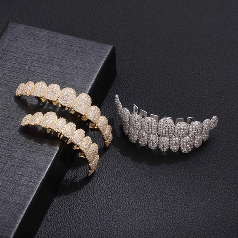 Iced Out Hip Hop Grillz Copper Zirconia Tooth Jewelry 14K Gold Plated Micro Pave Top And Bottom Teeth Grillz For Party Men Jewelry