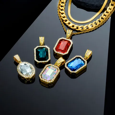 Hip Hop Zinc Alloy Rhinestone Inlaid Rectangular Gemstone Pendant Necklace Set With Rope Cuban And Snake Chains Jewelry