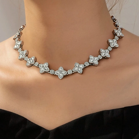 Luxury Hip Hop Four Leaf Clover Necklace Alloy Iced Out Rhinestone Cuban Chain For Women Men Jewelry Gift