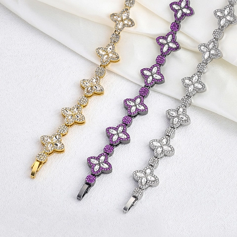 Luxury Hip Hop Four Leaf Clover Necklace Alloy Iced Out Rhinestone Cuban Chain For Women Men Jewelry Gift