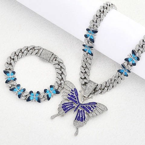 Hiphop Legierung Strass Schmetterling Anhänger Halskette Panzerkette Armband Ring Schmuck Für Herren Damen Silber Blau