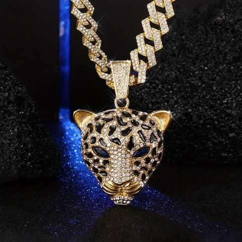 Collana con Ciondolo Testa di Leopardo di Lusso Incastonata con Zirconia Oro Argento Catena Cubana Gioielli Animali Audaci
