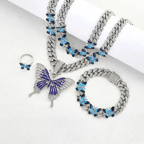 Hiphop Legierung Strass Schmetterling Anhänger Halskette Panzerkette Armband Ring Schmuck Für Herren Damen Silber Blau
