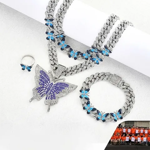 Hip Hop Butterfly Pendant Cuban Link Necklace Alloy Rhinestone Jewelry Set For Men Women Rappers Individual Fashion Jewelry