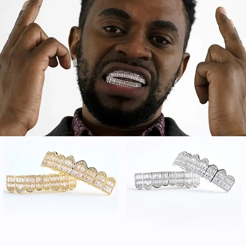 Hip Hop Tooth Grillz Baguette Zirconia Copper Gold Silver Plated Dental Accessory For Halloween Party Streetwear Jewelry
