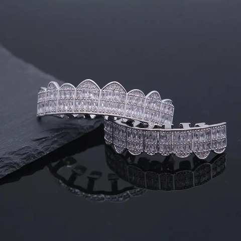 Hip Hop Tooth Grillz Baguette Zirconia Copper Gold Silver Plated Dental Accessory For Halloween Party Streetwear Jewelry