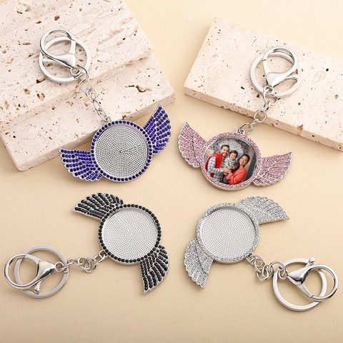 Llavero Marco de Fotos DIY Alas de Ángel Hip Hop Aleación Metal Incrustaciones de Strass Regalo Conmemorativo Personalizado