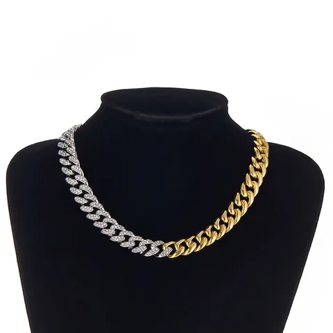 Hip Hop Tweekleurige Cubaanse Schakel Ketting Armband Set Zinklegering Strass Iced Out Sieraden Voor Heren Dames