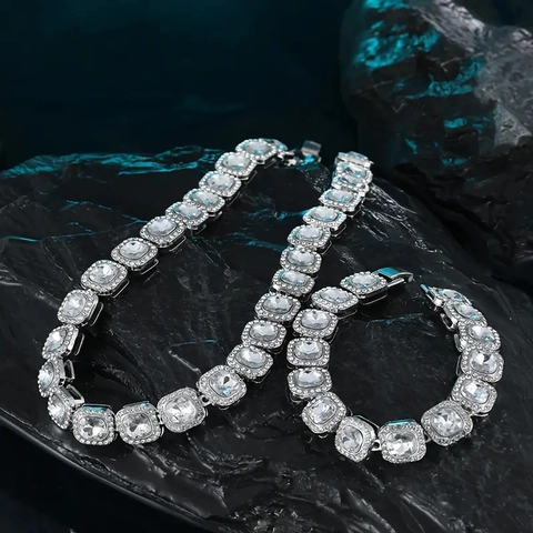 Hip Hop Luxe Vierkant Strass Cubaanse Schakel Ketting Armband Set Legering Met Strass Ingelegd Goud Zilver Sieraden Mannen Vrouwen