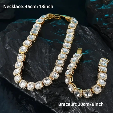 Hip Hop Luxe Vierkant Strass Cubaanse Schakel Ketting Armband Set Legering Met Strass Ingelegd Goud Zilver Sieraden Mannen Vrouwen