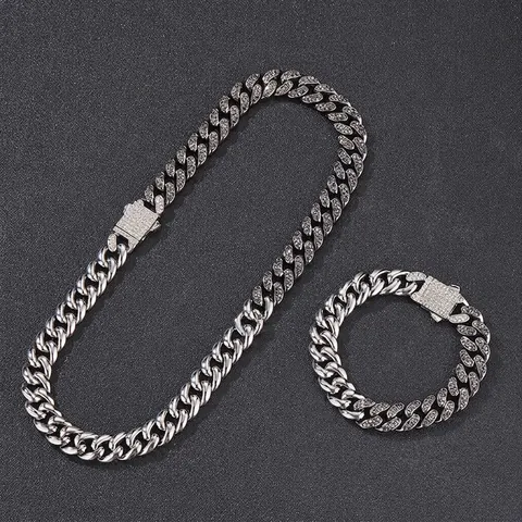 Hip Hop Tweekleurige Cubaanse Schakel Ketting Armband Set Zinklegering Strass Iced Out Sieraden Voor Heren Dames