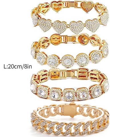 Hip Hop Iced Out Cuban Link Bracelet Unisex Zinc Alloy Rhinestone Heart Round Square Chain Hand Jewelry Fashion Gift