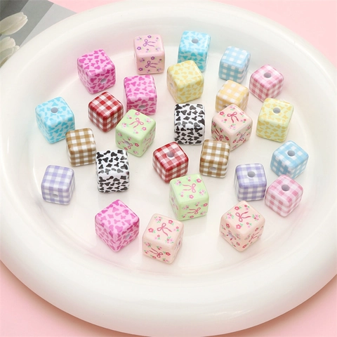 Acrylic Cube Beads For DIY Jewelry Making Gingham Cow Print Floral Butterfly Pattern Printed Spacer Beads For Bracelets Necklaces Handicrafts