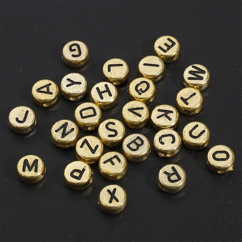 Acrylic Gold Alphabet Letter Beads Black Capital Letters Round Flat Spacer Beads DIY Handmade Jewelry Necklace Making