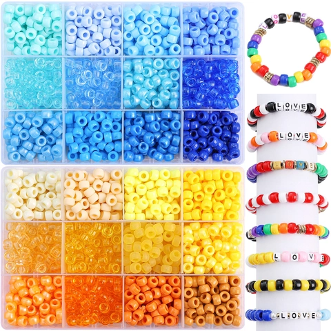 Kit de Cuentas Pony de Acrílico con Agujero Grande Cuentas de Cubo de Colores en Caja de Almacenamiento para Hacer Joyas Pulsera Collar DIY