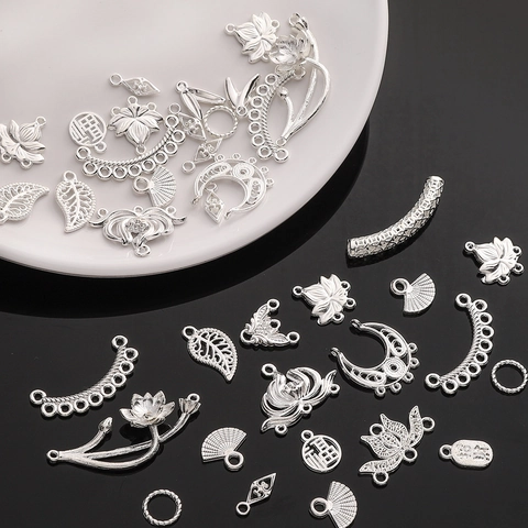 Alloy Silver Plated Chinese Style Hollow Out Lotus Leaf Fan Pendant For DIY Jewelry Making Bracelet Necklace Accessories
