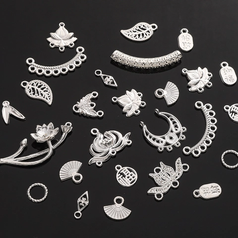 Alloy Silver Plated Chinese Style Hollow Out Lotus Leaf Fan Pendant For DIY Jewelry Making Bracelet Necklace Accessories