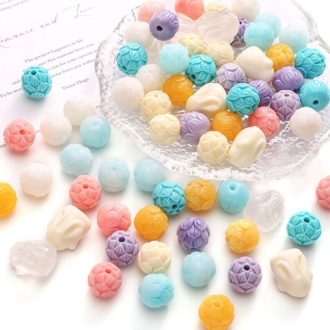 Resin Lotus Rabbit Loose Beads For DIY Jewelry Making Handmade Bracelet Necklace Accessories Engraved Flower Animal Shaped Beads