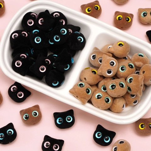 Flocked Resin Cat Head Loose Beads Cute Animal Shape Beads For DIY Bracelet Necklace Ring Earring Handcraft Jewelry Making Accessories