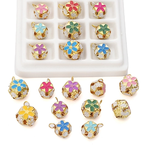 Ancient Style Hollow Iron Bell Pendants Colorful Cloisonne Enamel Flower Charms For DIY Jewelry Making Keychain Accessories