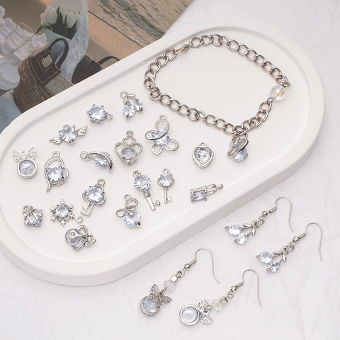 DIY Jewelry Making Alloy Cubic Zirconia Pendants Charms Heart Key Snowflake Butterfly Wings For Necklace Bracelet Accessories