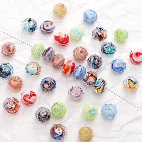 Facettierte Lampwork Glasperlen Flache Runde Lose Perlen Mit Wirbelmuster Für DIY Schmuckherstellung Armband Telefonkette