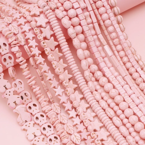 Pink Synthetic Stone Beads With Marble Texture For DIY Jewelry Making Mixed Shapes Bear Skull Leaf Star Round Loose Beads Strand