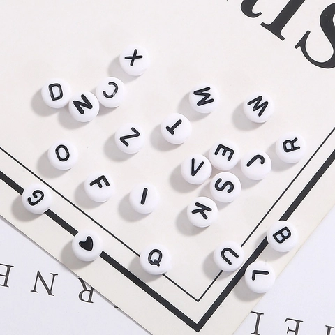 Acrylic Letter Beads Flat Round White Beads Black Letters DIY Craft Jewelry Making Accessories For Bracelets Necklaces