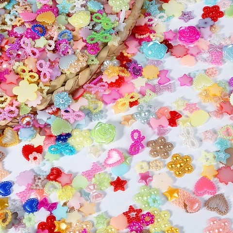 DIY Artificial Pearl Beads Cute Colorful Star Flower Bowknot Heart Shape Pearlescent Finish Loose Beads For Jewelry Making Phone Case Nail Art Decoration