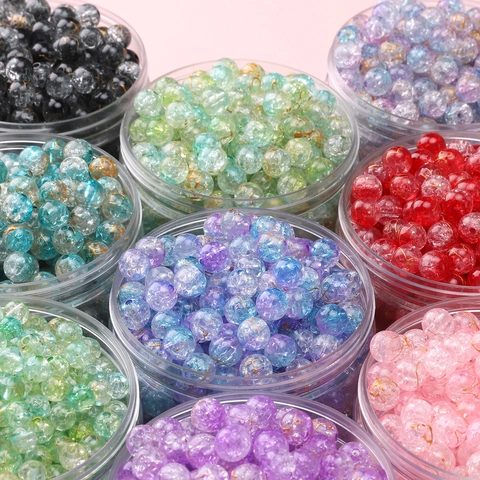 Perles en Vrac Rondes en Acrylique Craquelé Bicolore Feuilles d'Or pour Fabrication de Bijoux Bracelets Colliers