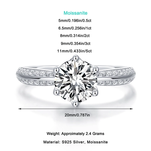 Klassischer 925 Sterlingsilber Ring Mit Sechs-Krallen-Rund-Moissanit Labor Gezüchteter Diamant Damen Verlobung Hochzeit Ring