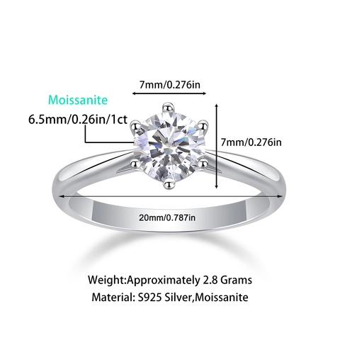 Classic S925 Sterling Silver 1 Carat Moissanite Lab Grown Diamond Engagement Ring Six Prong Solitaire Wedding Ring For Women