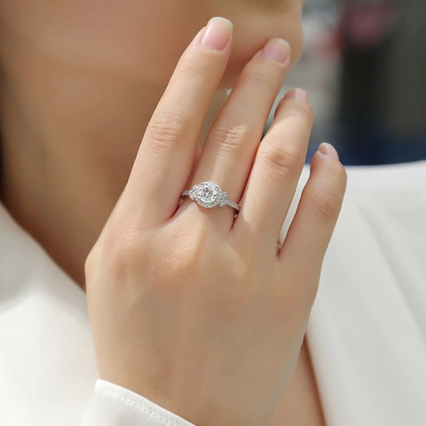 Anillo de Halo de Plata de Ley S925 Moissanita Diamante de Laboratorio Chapado en Oro Blanco 18K Joyería para Mujer