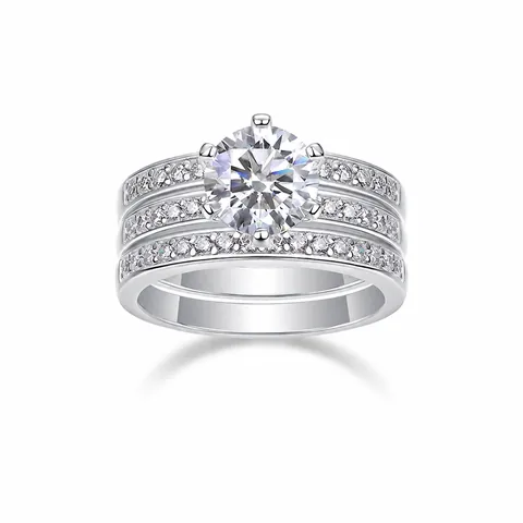 Luxury S925 Sterling Silver Moissanite Ring Set For Women Round Cut Zirconia Inlaid Stackable Wedding Engagement Finger Jewelry