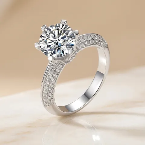 Lab-Grown Diamond Moissanite 925 Sterling Silver Ring For Women Luxury Round Brilliant Cut Six-Prong Engagement Wedding Band