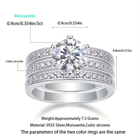 Luxury S925 Sterling Silver Moissanite Ring Set For Women Round Cut Zirconia Inlaid Stackable Wedding Engagement Finger Jewelry