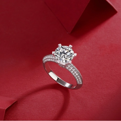 Lab-Grown Diamond Moissanite 925 Sterling Silver Ring For Women Luxury Round Brilliant Cut Six-Prong Engagement Wedding Band