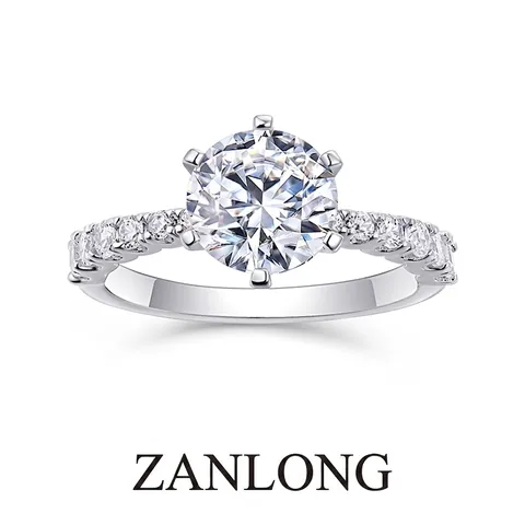 Anillo de Plata de Ley 925 con Moissanita y Diamante de Laboratorio para Mujer Engaste de Seis Garras Corte Redondo Pavé Anillo de Compromiso Joyas de Boda