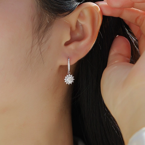 925 Sterling Silver Moissanite Lab-Grown Diamond Dangle Earrings Round Sunflower Geometric Hook Earrings For Women Wedding Party Jewelry