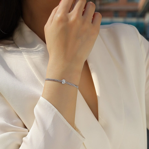 S925 Sterling Silver Moissanite Bracelet For Women Men Oval Cut Moissanite Cuban Link Chain Luxury Jewelry Anniversary Gift