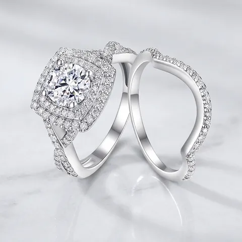 Luxe Zilveren Dubbele Halo Moissaniet Bruidsring Set Met Gedraaide Schacht Glinsterende Stapelbare Trouwsieraden Voor Dames Verlovingscadeau