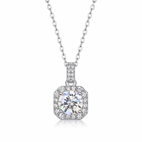 925 Sterling Silver Pendant Necklace Lab Grown Diamond Moissanite Square Halo Geometric Jewelry For Women Wedding Party