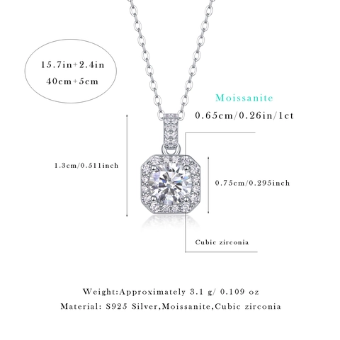 925 Sterling Silver Pendant Necklace Lab Grown Diamond Moissanite Square Halo Geometric Jewelry For Women Wedding Party