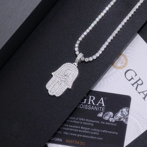 Collier Pendentif Main de Hamsa Moissanite Hip Hop en Argent Sterling 925 Chaîne Tennis Pleine de Strass Cadeau Bijoux Homme Femme